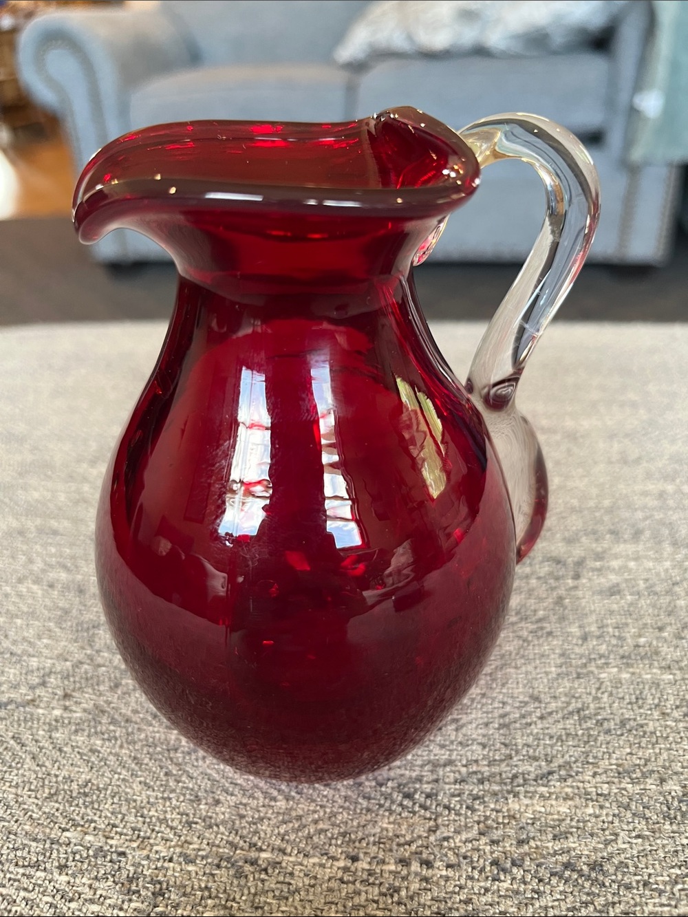 Vintage Deep Cranberry Glass Pitcher with Clear Handle (5” tall)